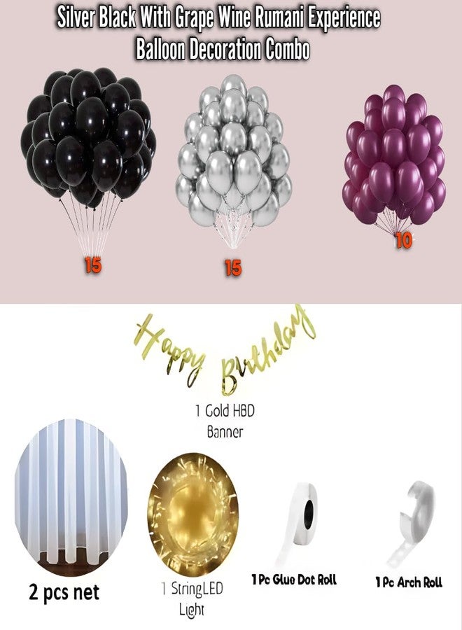 FOOGAA Solid Premium Romantic Garnish Combo - Net LED, Retro Grape Wine, Black & Silver Metallic Balloons (Pack of 46) for Elegant Event Decor - Image 2